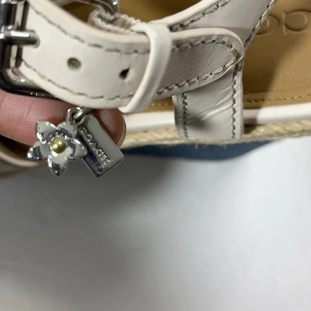 Coach Womens Eaton Chalk Ivory Leather Denim Wedge Platform Sandals Charm 9